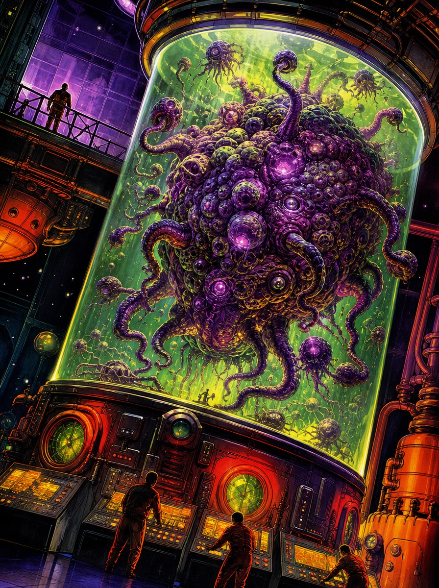 A purple creature in a glowing containment tank, created through the Make a Monster visual workflow.